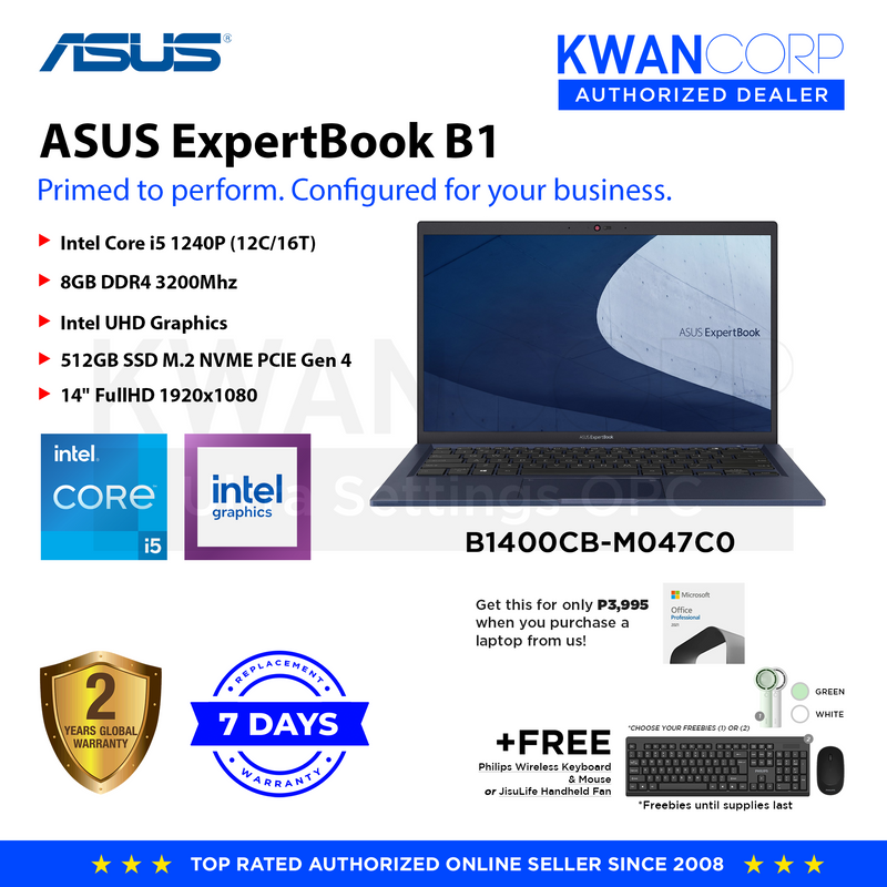 Asus ExpertBook B1 B1400CB-M047C0 Intel i5 1240P 8GB RAM Intel UHD Graphics 512GB SSD 14" FullHD 1920x1080 Windows 11 Pro Education Commercial Laptop