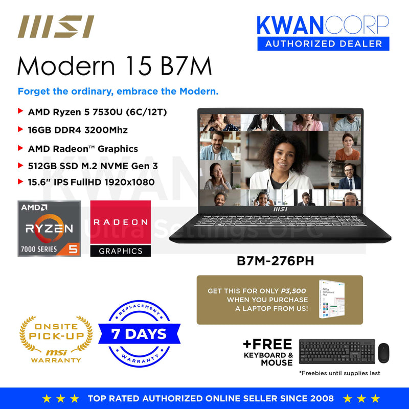 MSI Modern 15 B7M-276PH AMD Ryzen 5 7530U  16GB 512GB SSD 15.6" IPS FHD Windows 11 Laptop