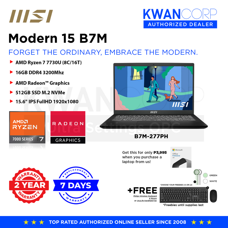 MSI Modern 15 AMD Ryzen 7 7730U 16GB RAM AMD Radeon™ Graphics 512GB SSD M.2 15.6" IPS FullHD 1920x1080 Windows 11 Premium Laptop