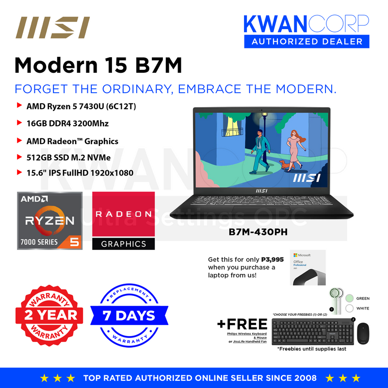 MSI Modern 15 AMD Ryzen 5 7430U 16GB RAM AMD Radeon™ Graphics 512GB SSD M.2 15.6" IPS FullHD 1920x1080 Windows 11 Home SL Premium Laptop