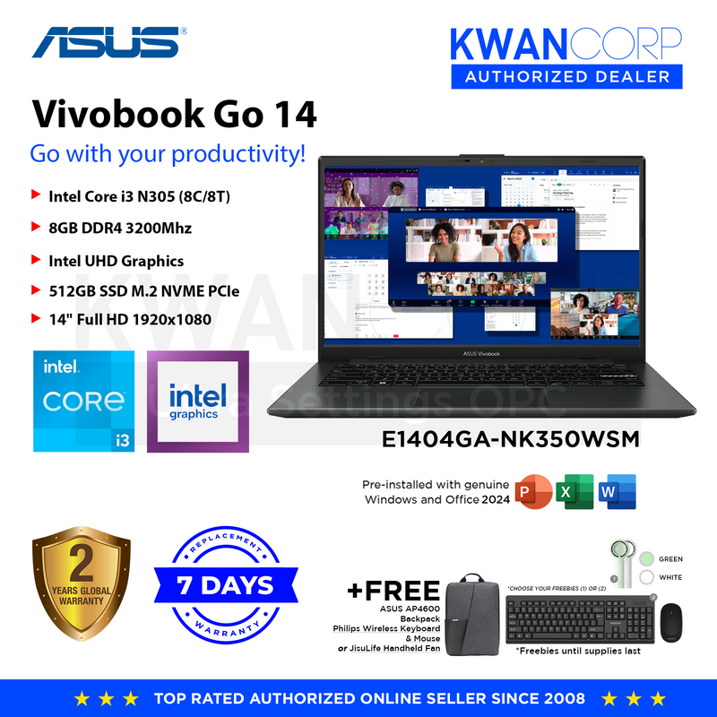 Asus Vivobook Go 14. E1404GA-NK350WSM Intel i3 N305 8GB RAM Intel UHD Graphics 512GB SSD 14" TN FullHD 1920x1080 Windows 11 Mainstream Laptop