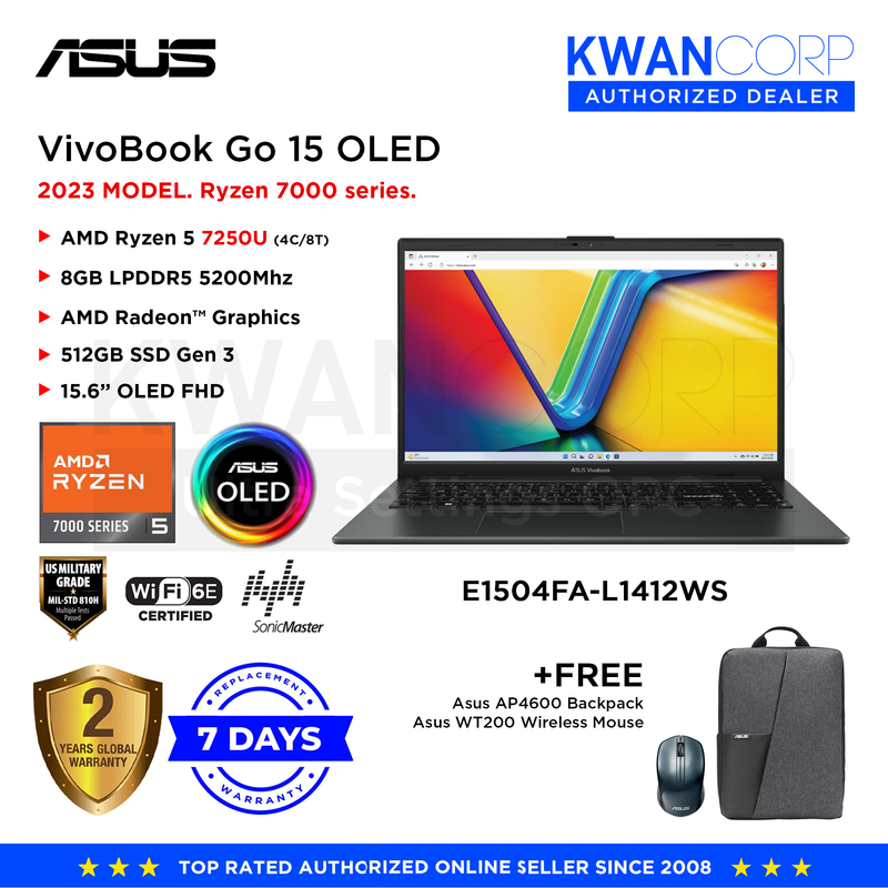 Asus Vivobook Go 15 E1504FA-L1412WS AMD Ryzen 5 7520U 8GB RAM AMD Radeon™ Graphics 512GB SSD 15.6" OLED FHD Laptop