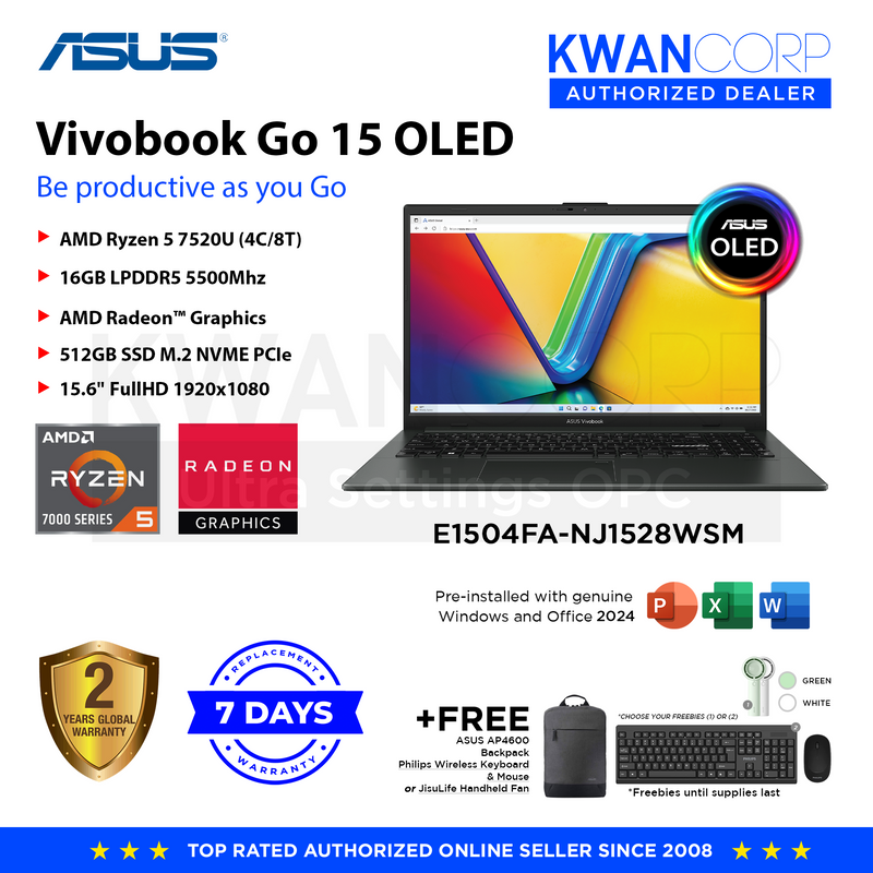 Asus Vivobook Go 15. E1504FA-NJ1528WSM AMD Ryzen 5 7520U 16GB RAM AMD Radeon™ Graphics 512GB SSD 15.6" TN FullHD 1920x1080 Windows 11 Mainstream Laptop