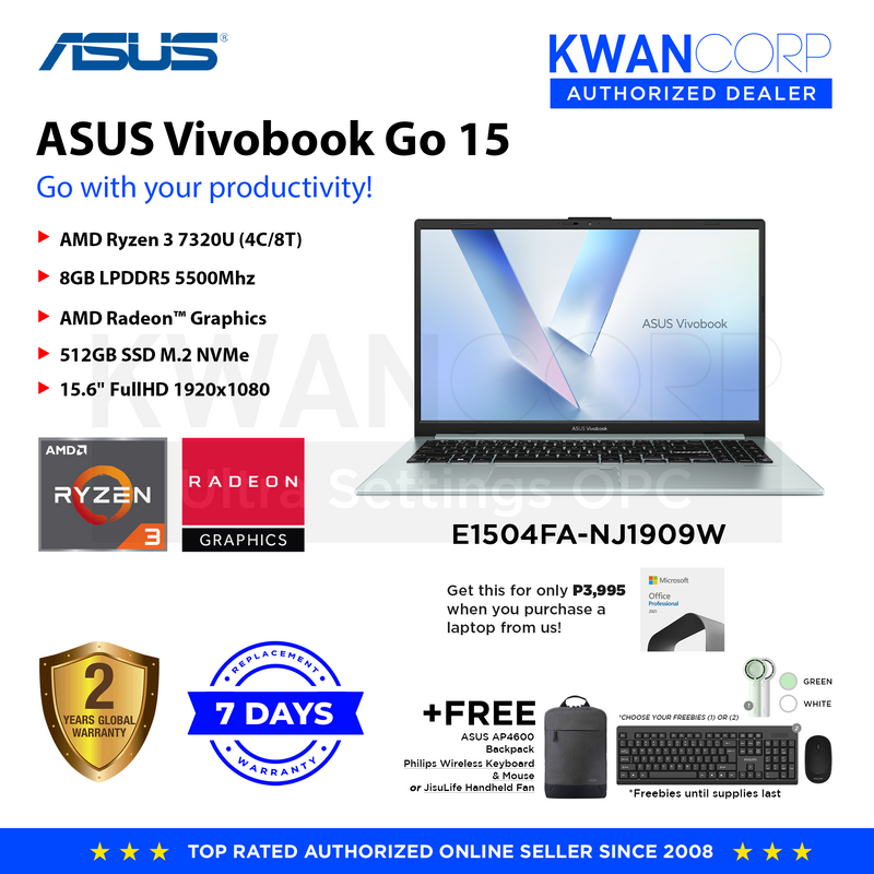 Asus Vivobook Go 15. E1504FA-NJ1909W AMD Ryzen 3 7320U 8GB RAM AMD Radeon™ Graphics 512GB SSD M.2 NVME 15.6" TN FullHD 1920x1080 Windows 11 Mainstream Laptop