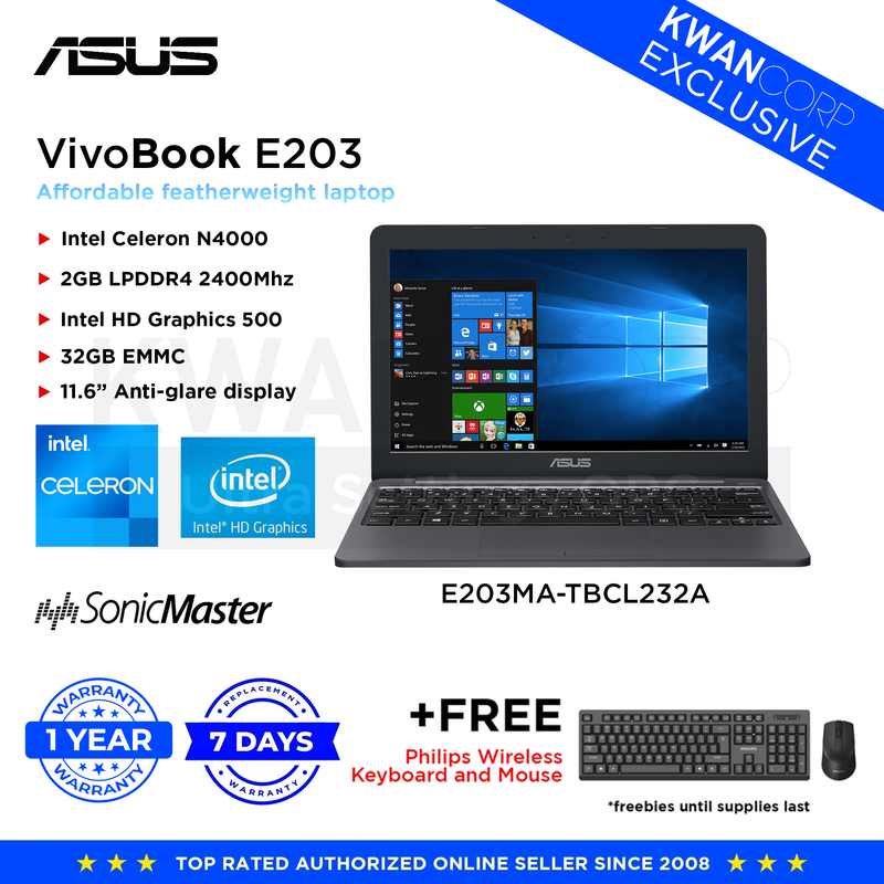 ASUS Vivobook E203MA-TBCL232A Intel Celeron N4000 2GB RAM Intel HD Graphics 500 32GB EMMC 11.6" Anti-Glare Display Mainstream Laptop