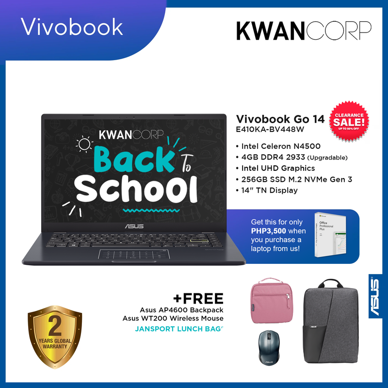 Asus Vivobook Go 14 E410KA-BV448W Intel Celeron N4500 4GB RAM Intel UHD Graphics 256GB SSD 14" Display Windows 11 Laptop