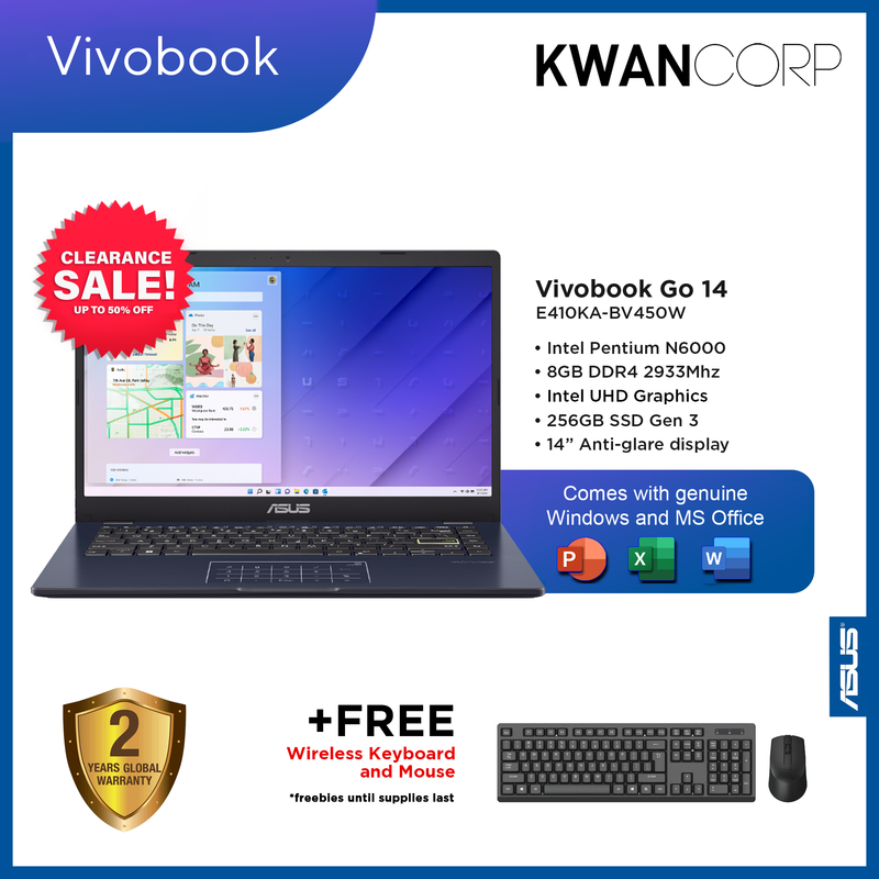 Asus Vivobook Go 14 E410KA-BV450W Intel Pentium Silver N6000 8GB RAM Intel UHD Graphics 256GB SSD Gen 3 14" Mainstream Laptop