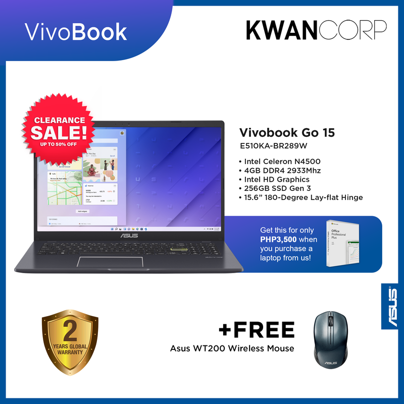 Asus Vivobook Go 15 E510KA-BR289W Intel Celeron N4500 4GB RAM Intel HD Graphics 256GB SSD 15.6" 180-Degree Lay-flat Hinge Windows 11 Laptop
