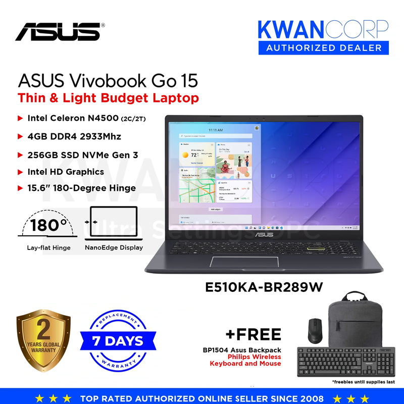 Asus Vivobook Go 15 E510KA-BR289W Intel Celeron N4500 4GB RAM Intel HD Graphics 256GB SSD 15.6" 180-Degree Lay-flat Hinge Windows 11 Laptop