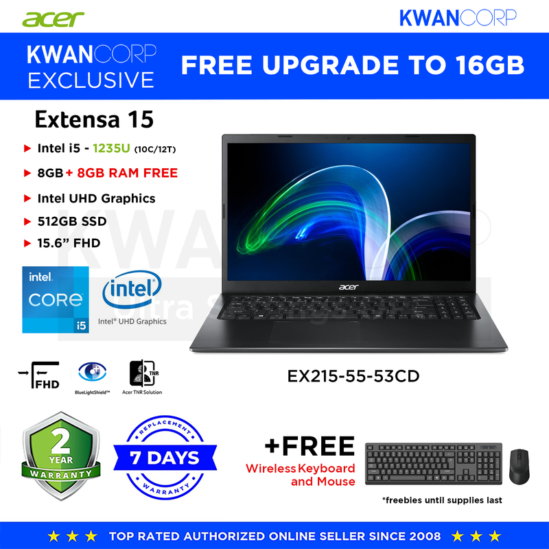 Acer Extensa 15 EX215-55-53CD Intel i5 1235U 16GB RAM Intel UHD Graphics 512GB SSD 15.6" FHD Mainstream Laptop