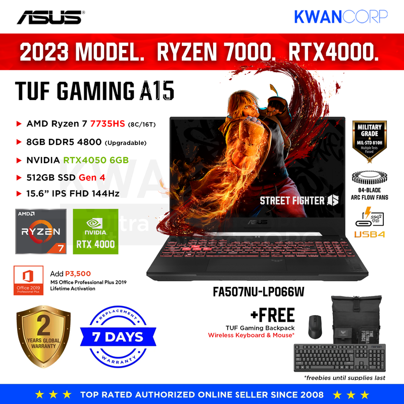 Asus TUF Gaming A15 2023 MODEL FA507NU-LP066W AMD Ryzen 7 7735HS 8GB RAM RTX 4050 6GB 512GB SSD Gen 4 15.6" IPS FHD 144Hz Gaming Laptop