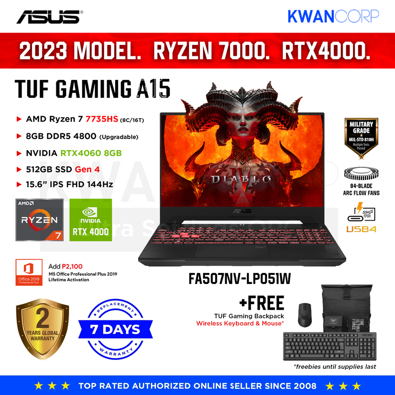 Asus TUF Gaming A15 (2023 MODEL) FA507NV-LP051W AMD Ryzen 7 7735HS 8GB RAM RTX4060 8GB 15.6" IPS FHD Gaming Laptop