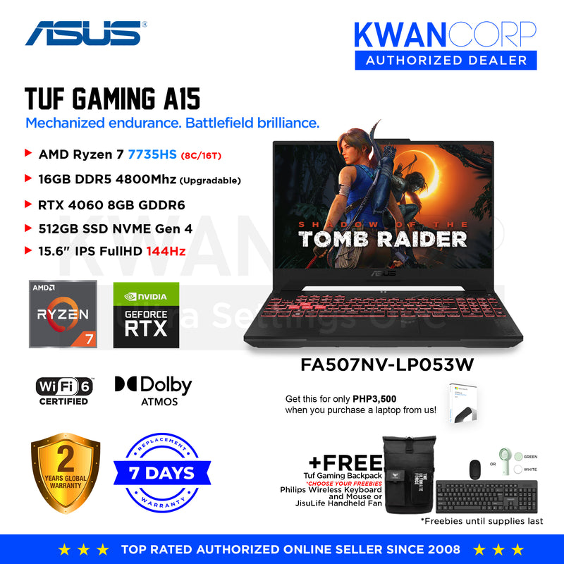 Asus TUF Gaming A15. FA507NV-LP053W AMD Ryzen 7 7735HS 16GB RAM RTX 4060 8GB GDDR6 512GB SSD 15.6" IPS FullHD 1920x1080 144Hz Windows 11 Gaming Laptop