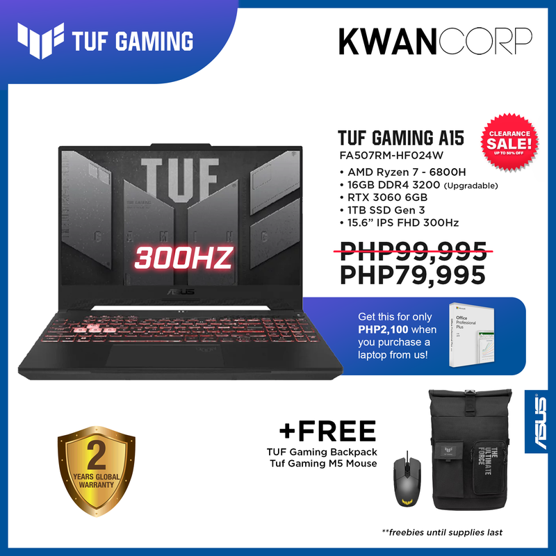 Asus TUF Gaming A15 FA507RM-HF024W AMD Ryzen 7 6800H 16GB RAM RTX 3060 6GB 1TB SSD Gen 3 15.6" IPS FHD 300Hz Gaming Laptop