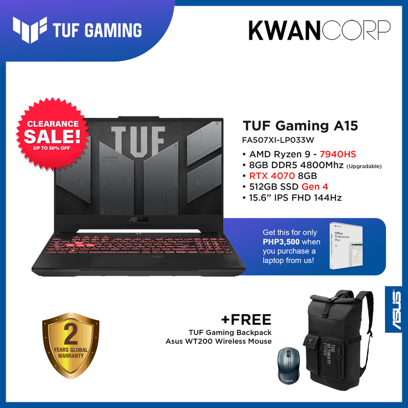 Asus TUF Gaming A15 (2023 MODEL) FA507XI-LP033W AMD Ryzen 9 7940HS 8GB RAM RTX 4070 8GB 15.6" IPS FHD 144Hz Gaming Laptop