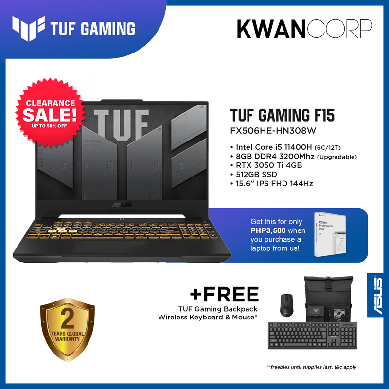 Asus TUF Gaming F15 FX506HE-HN308W Intel i5 - 11400H 8GB RAM RTX3050Ti 4GB 512GB SSD Gen 3 15.6" IPS FHD 144Hz Gaming Laptop