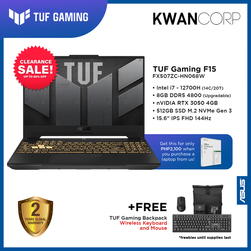 Asus TUF Gaming F15(2022) FX507ZC-HN068W Intel i7 - 12700H 8GB RAM nVIDIA RTX 3050 4GB 512GB SSD 15.6"	IPS FHD 144Hz Windows 11 Gaming Laptop