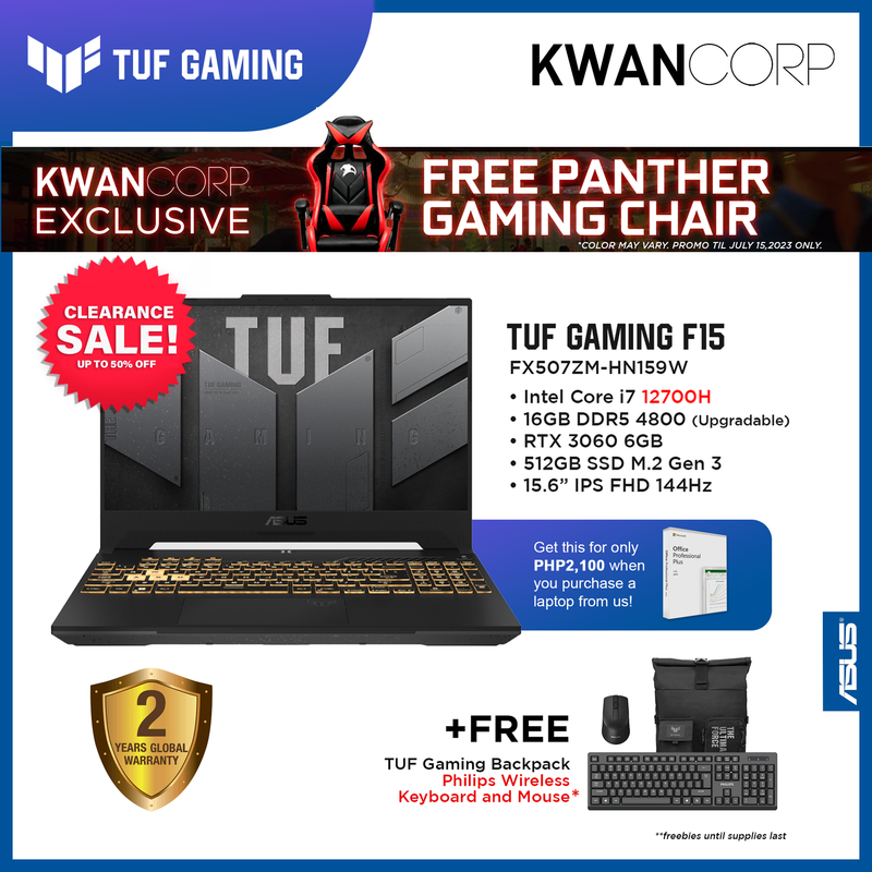 Asus TUF Gaming F15 (2022 MODEL) FX507ZM-HN159W Intel i7 - 12700H 16GB RAM RTX 3060 6GB 512GB SSD Gen 3 15.6" IPS FHD 144Hz Gaming Laptop