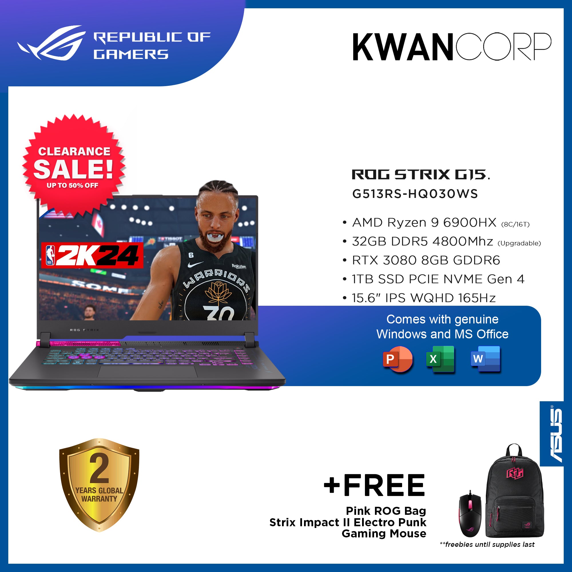 Asus ROG Strix G513RS-HQ030WS AMD Ryzen 6900HX 32GB RAM RTX 3080 8GB 1TB SSD IPS WQHD 165Hz Windows 11 Gaming Laptop