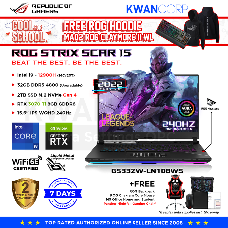Asus ROG Strix Scar 15 (2022) G533ZW-LN108WS Intel i9 12th Gen 32GB RAM nVIDIA RTX 3070 Ti 8GB 2TB SSD 15.6" IPS WQHD 240Hz Windows 11 Gaming Laptop
