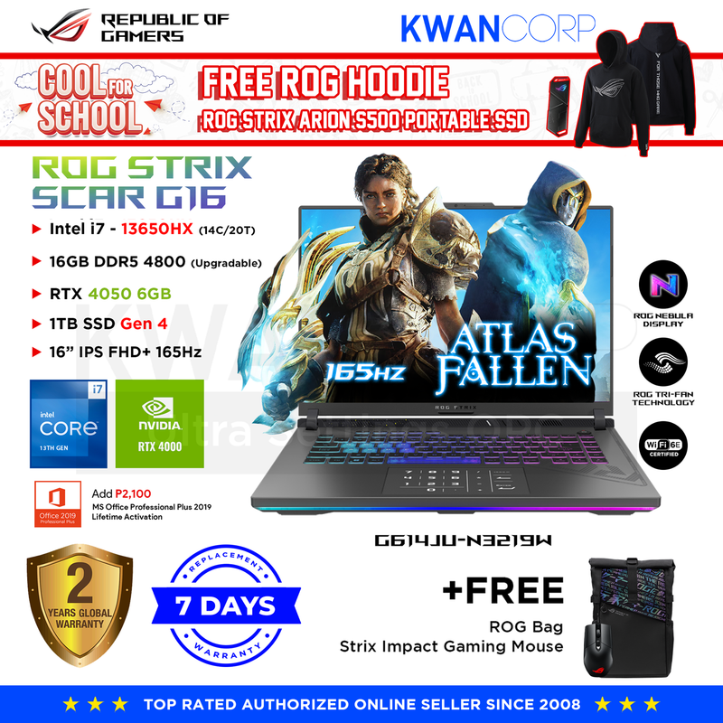 Asus ROG Strix Scar 16 (2023) G614JU-N3219W Intel i7 13650HX 16GB RAM RTX4050 6GB 1TB SSD Gen 4 16" IPS FHD+ 165Hz Gaming Laptop