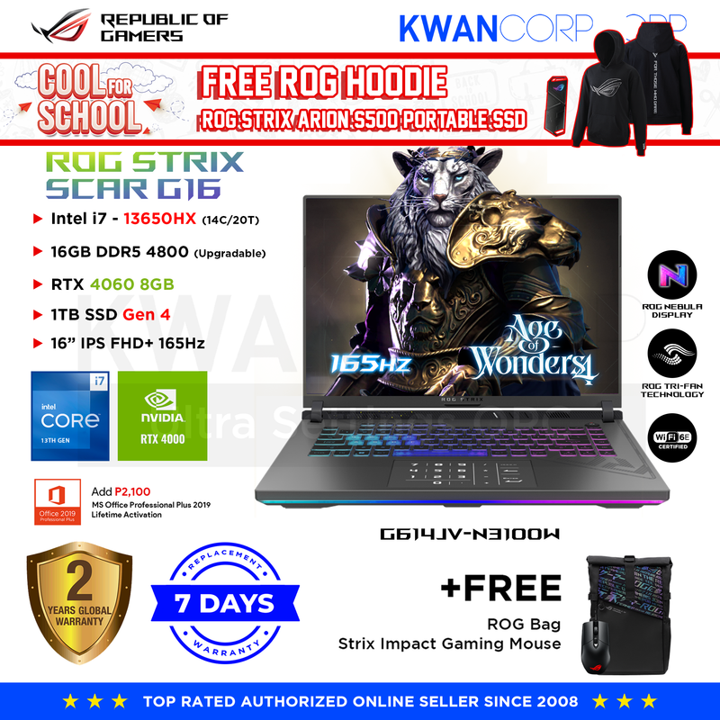 Asus ROG Strix Scar 16 (2023) G614JV-N3100W Intel i7 13650HX 16GB RAM RTX4060 8GB 1TB SSD Gen 4 16" IPS FHD+ 165Hz Gaming Laptop