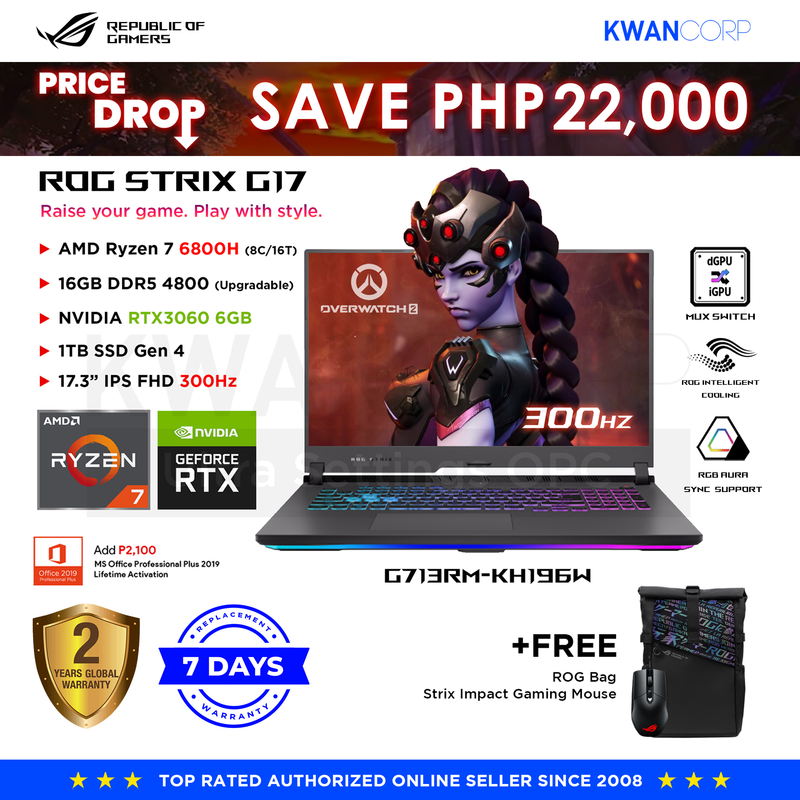 Asus ROG Strix G17 G713RM-KH196W AMD Ryzen 7 6800H 16GB RAM RTX 3060 6GB 1TB SSD Gen 4 17.3" IPS FHD Gaming Laptop