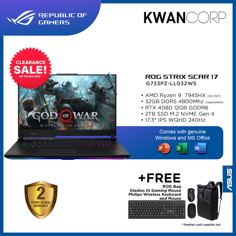 Asus ROG Strix Scar 17. G733PZ-LL032WS AMD Ryzen 9 7945HX 32GB RAM RTX 4080 12GB 2TB SSD M.2 17.3" IPS WQHD 240Hz Windows 11 Gaming Laptop