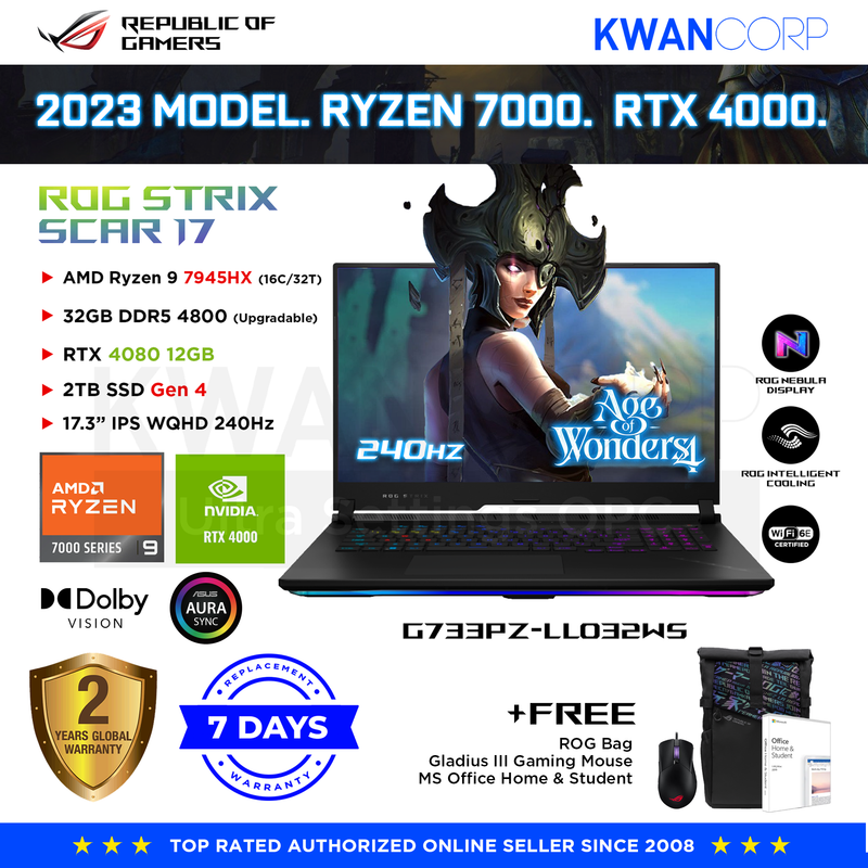 ASUS ROG Strix Scar 17 G733PZ-LL032WS AMD Ryzen 9 7945HX 32GB RAM RTX4080 12GB 2TB SSD Gen 4 17.3" IPS WQHD 240Hz Gaming Laptop