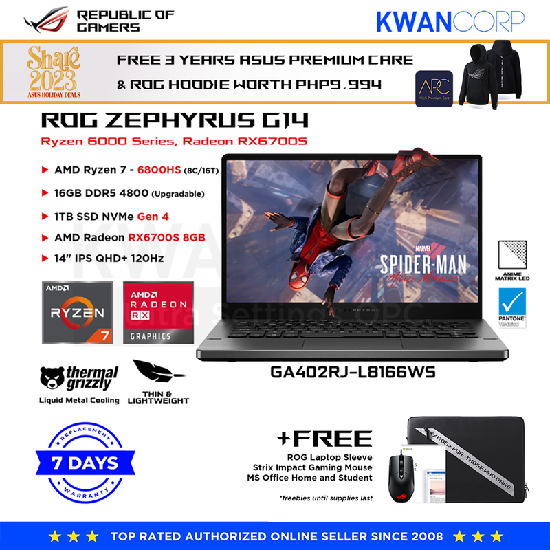 Asus ROG Zephyrus G14 GA402RJ-L8166WS AMD Ryzen 7 6800HS 16GB RAM AMD Radeon RX6700S 8GB 1TB SSD 14" IPS QHD+  Windows 11 Gaming Laptop