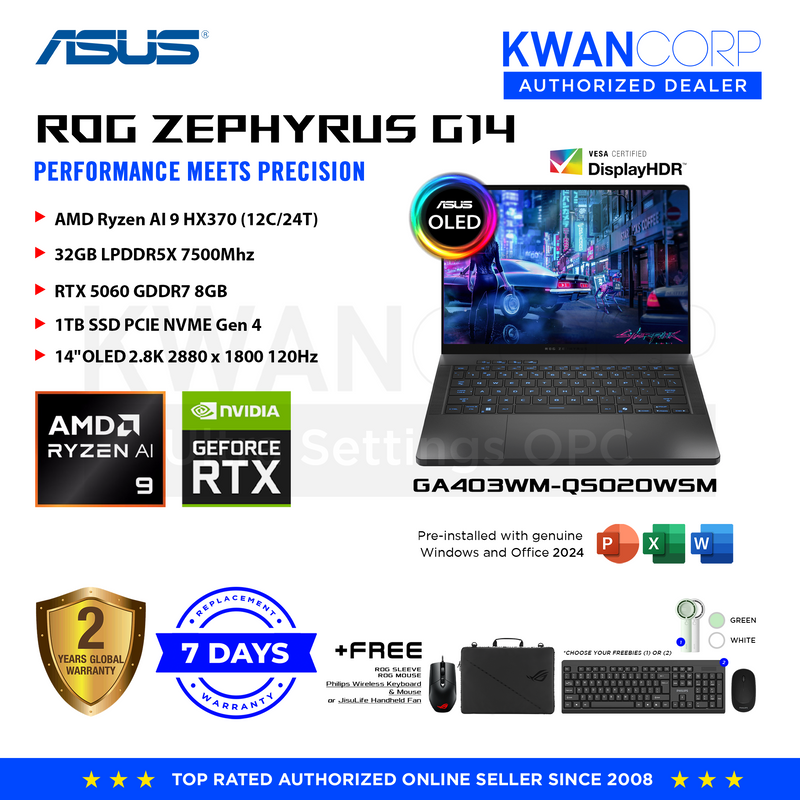 Asus ROG Zephyrus G14 GA403WM-QS020WSM AMD Ryzen AI 9 HX370 32GB LPDDR5X RTX 5060 GDDR7 8GB 1TB SSD PCIE NVME Gen 4 14" OLED 2.8K 2880 x 1800 120Hz Windows 11