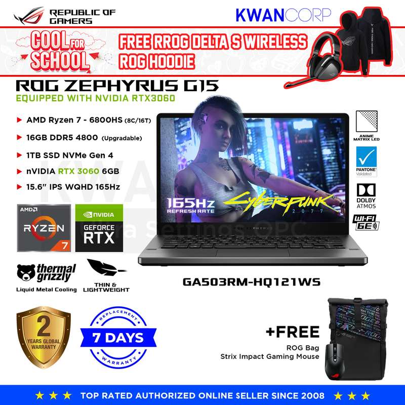 Asus ROG Zephyrus G15 GA503RM-HQ121WS AMD Ryzen 7 6800HS 16GRAM nVIDIA RTX 3060 6GB 1TB SSD 15.6" IPS WQHD 165Hz Windows 11 Gaming Laptop