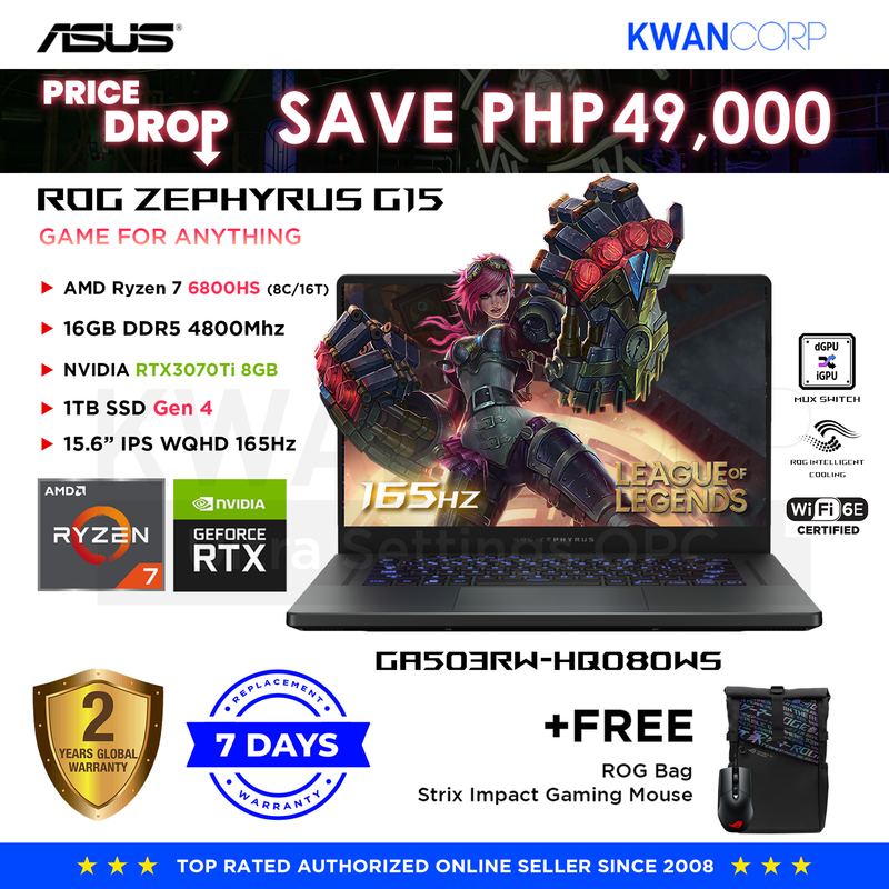 ASUS ROG Zephyrus G15 GA503RW-HQ080WS AMD Ryzen 7 6800HS 16GB RAM RTX 3070Ti 8GB  1TB SSD Gen 4 15.6" IPS WQHD Gaming Laptop