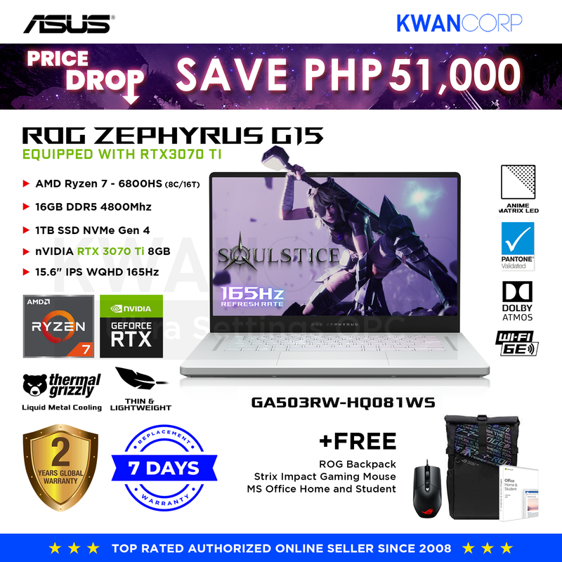 Asus ROG Zephyrus G15 GA503RW-HQ081WS AMD Ryzen 7 6800HS 16GB RAM nVIDIA RTX 3070 Ti 8GB 1TB SSD 15.6" IPS WQHD 165Hz Windows 11 Gaming Laptop