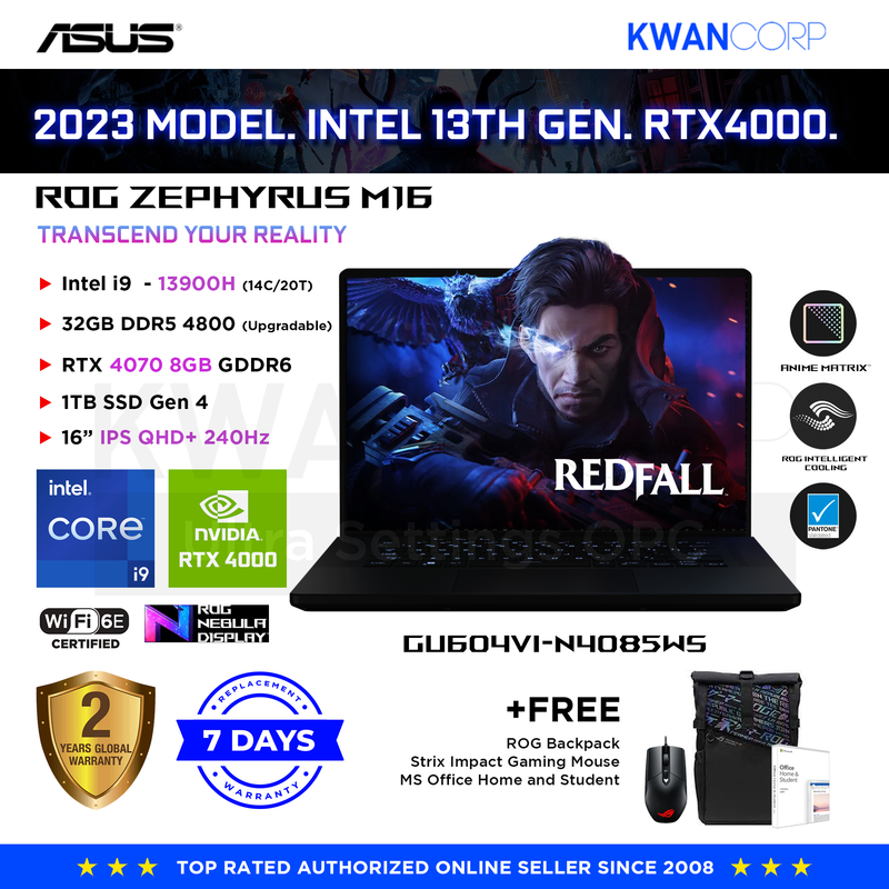 Asus ROG Zephyrus M16 GU604VI-N4085WS Intel i9 13900H 32GB RAM RTX4070 8GB 1TB SSD Gen 4 16" QHD+ 240Hz Gaming Laptop