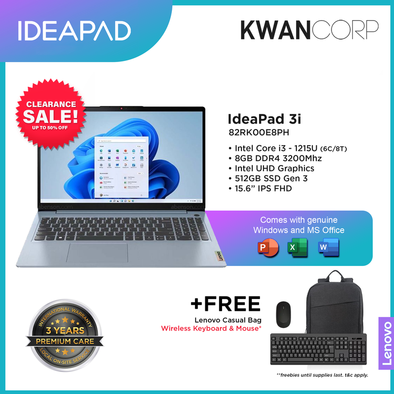 Lenovo IdeaPad 3i 82RK00E8PH Intel i3 1215U 8GB RAM Intel UHD Graphics 512GB SSD 15.6" IPS FHD Windows 11 Laptop