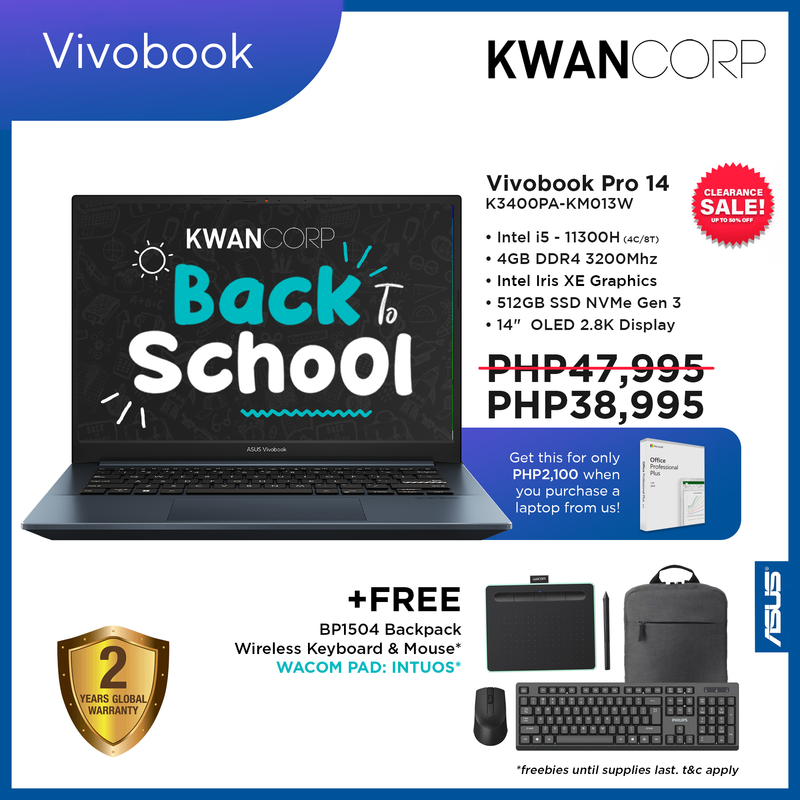 Asus Vivobook Pro 14 K3400PA-KM013W Intel i5 - 11300H 4GB RAM Intel Iris XE Graphics 512GB SSD  14" OLED 2.8K Display Windows 11 Laptop
