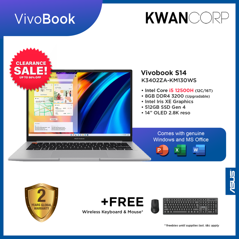 Asus Vivobook S14 K3402ZA-KM130WS Intel i5 12500H 8GB RAM Intel Iris XE Graphics 512GB SSD 14" OLED 2.8K reso Mainstream Laptop