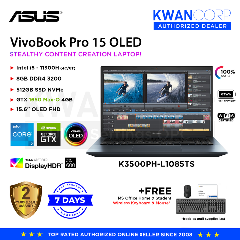 Asus Vivobook Pro K3500PH-L1085TS Intel i5 11300H 8GB RAM GTX 1650 Max-Q 4GB 512GB SSD 15.6" OLED FHD Windows 10 Home SL Laptop