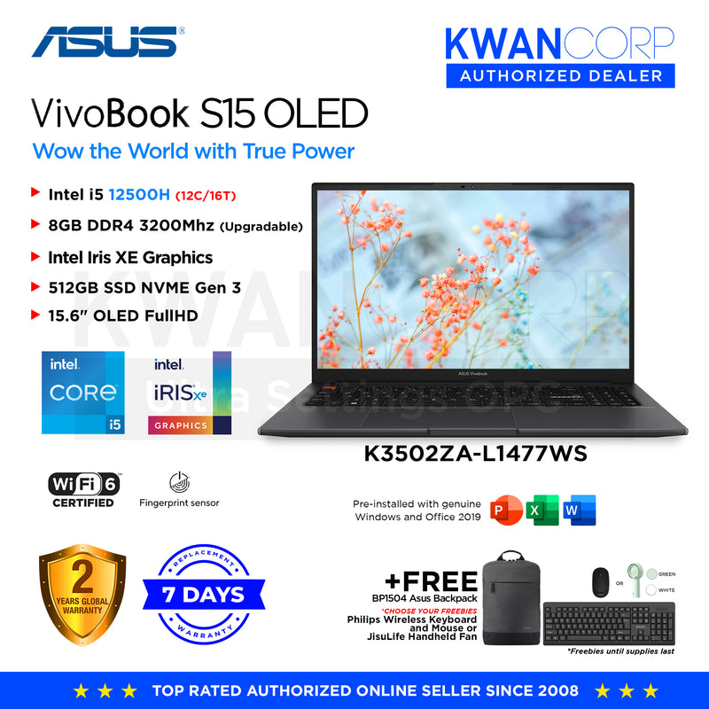 Asus Vivobook S15 K3502ZA-L1477WS Intel i5 12500H 8GB RAM Intel Iris XE Graphics 512GB SSD 15.6" OLED FullHD Windows 11 Mainstream Laptop
