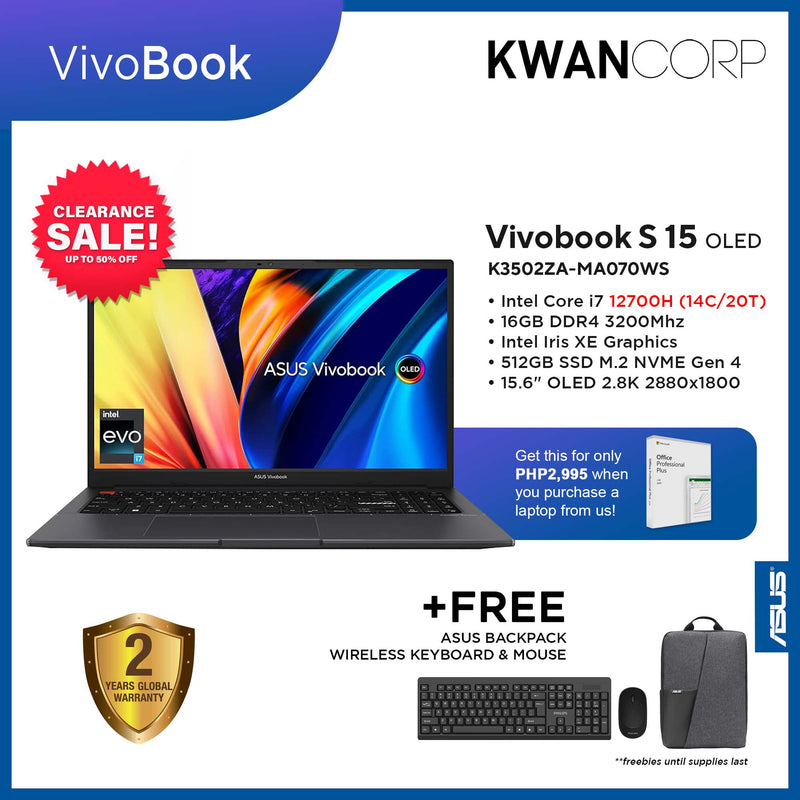 Asus Vivobook S15 K3502ZA-MA070WS Intel i7 - 12700H 16GB RAM Intel Iris XE Graphics 512GB SSD 15.6" OLED 2.8K Display Windows 11 Laptop