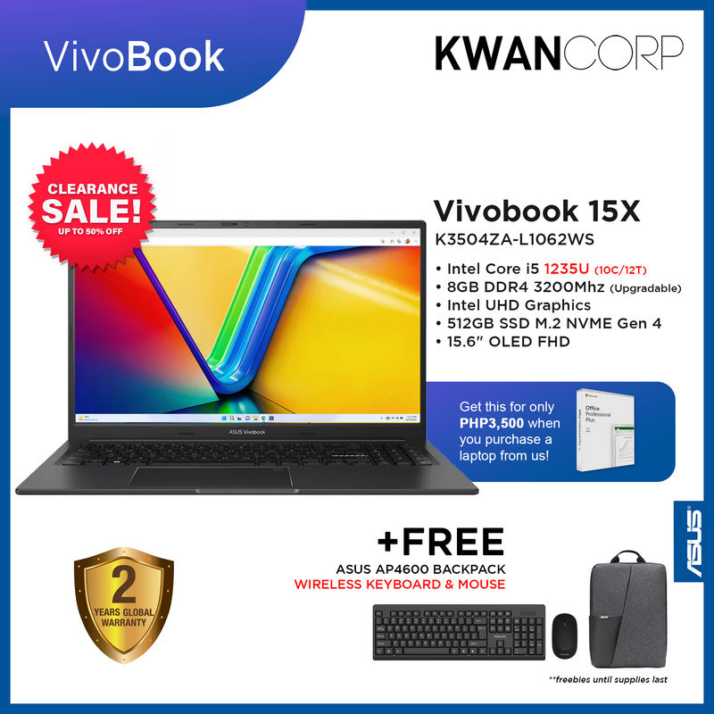 Asus Vivobook 15X K3504ZA-L1062WS Intel i5 1235U 8GB RAM Intel UHD Graphics 512GB SSD 15.6" OLED FHD 60Hz Mainstream Laptop