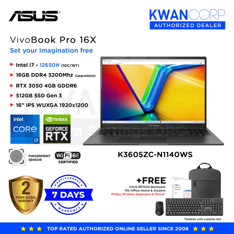 Asus Vivobook 16X K3605ZC-N1140WS Intel i7 12650H 16GB RAM RTX 3050 4GB 512GB SSD Gen 3 16" IPS WUXGA 120Hz Gaming Laptop