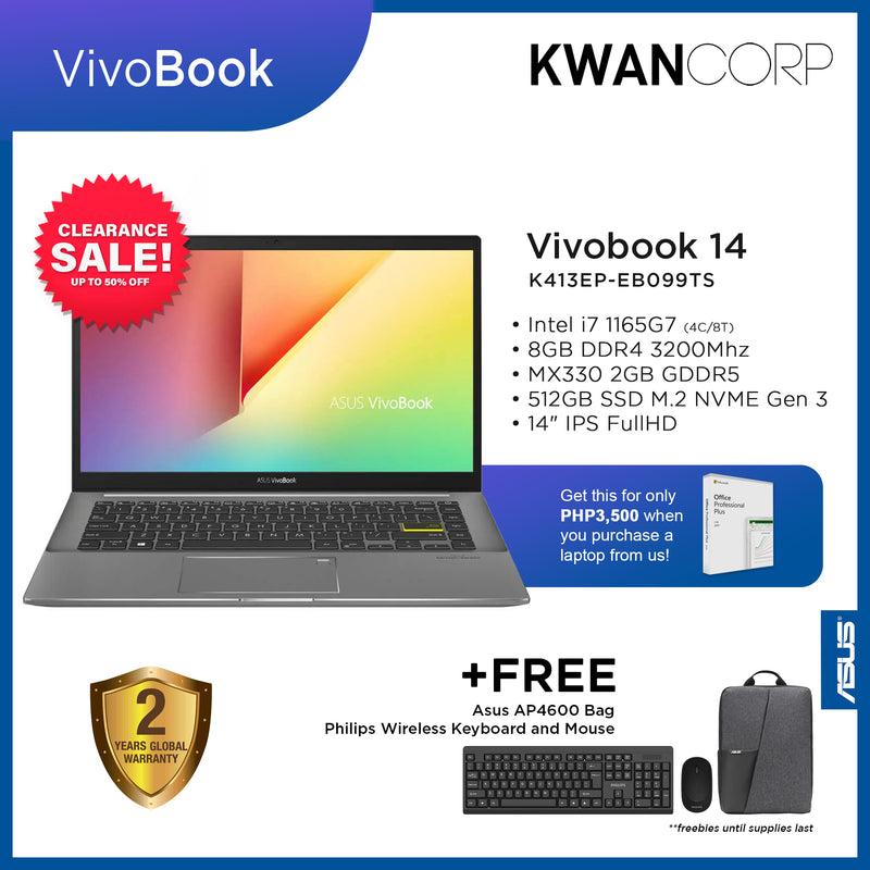 Asus Vivobook 14. K413EP-EB099TS Intel i7 Tiger Lake 1165G7 8GB RAM MX330 2GB 512GB SSD 14" IPS FullHD Windows 10 Mainstream Laptop