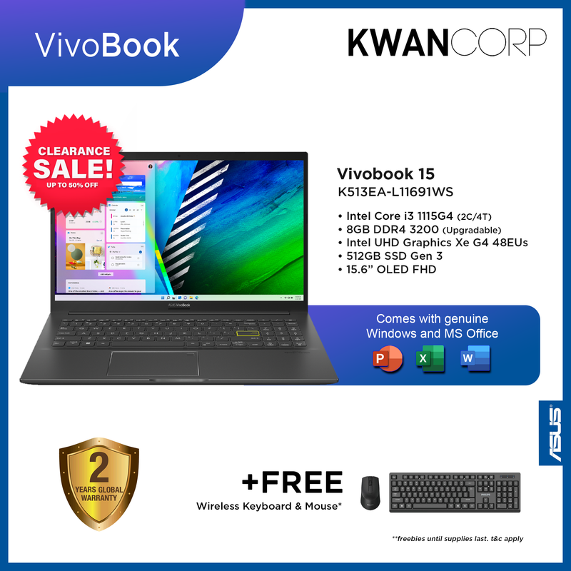 Asus VivoBook 15  K513EA-L11691WS  Intel i3 11th Gen 8GB 512GB SSD 15.6" IPS FHD Windows 11 Laptop