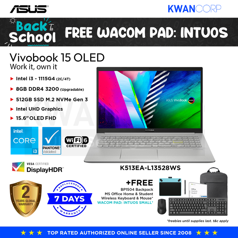 Asus Vivobook 15 K513EA-L13528WS Intel i3 - 1115G4 8GB RAM Intel UHD Graphics 512GB SSD 15.6" OLED FHD Windows 11 Laptop