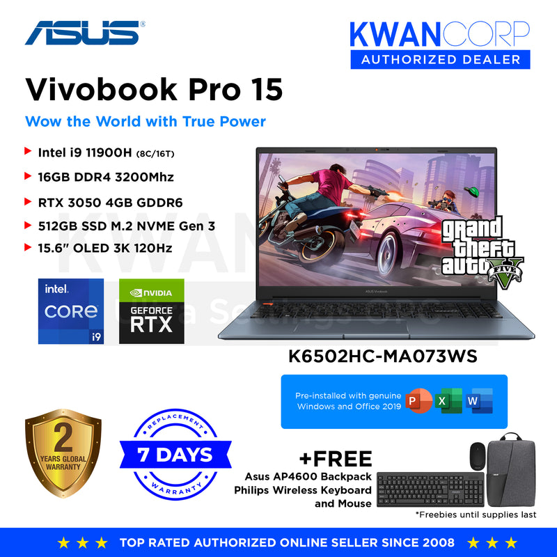 Asus Vivobook Pro 15. K6502HC-MA073WS Intel i9 11900H 16GB RAM RTX 3050 4GB 512GB SSD 15.6" OLED 3K 120Hz Windows 11 Gaming Laptop