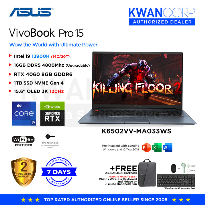 Asus Vivobook Pro 15. K6502VV-MA033WS Intel i9 13900H 16GB RAM RTX 4060 8GB 1TB SSD 15.6" OLED 3K 2880 x 1620 120Hz Windows 11 Gaming Laptop