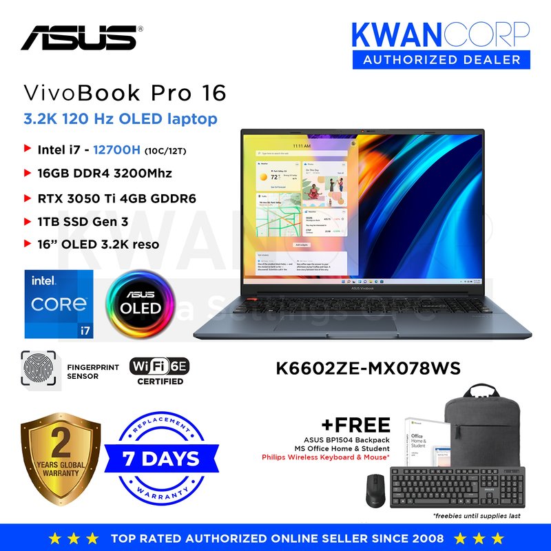 Asus Vivobook Pro 16 K6602ZE-MX078WS Intel i7 - 12700H 16GB RAM RTX 3050Ti 4GB 1TB SSD Gen 3 16" OLED 3.2K reso