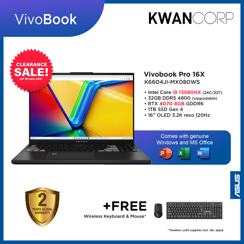 Asus Vivobook Pro 16X K6604JI-MX080WS 32GB RAM RTX 4070 8GB 1TB SSD Gen 4 16" OLED 3.2K reso 120Hz Premium Laptop